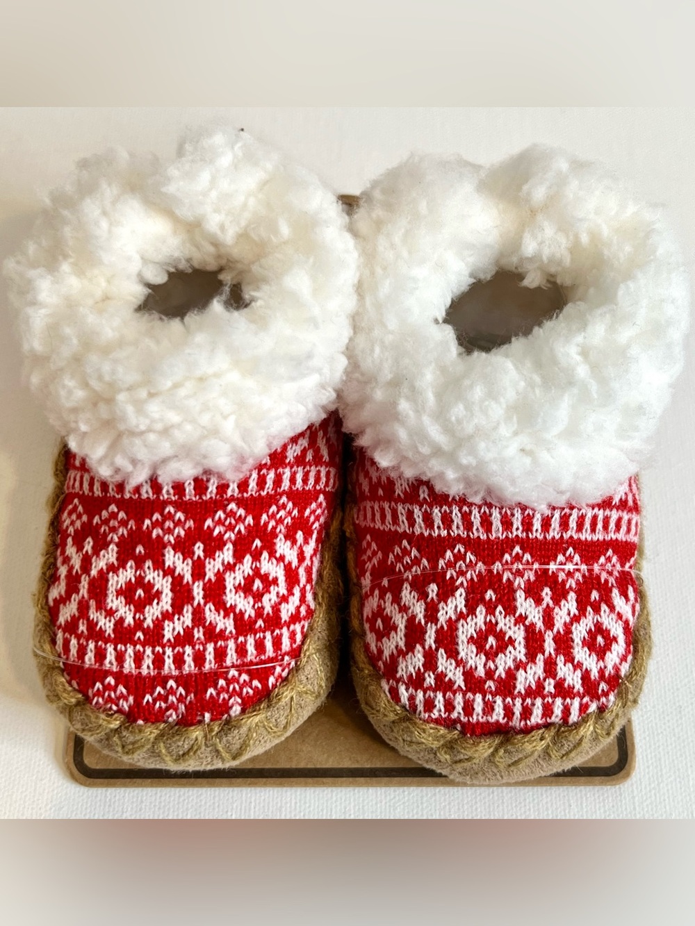 BearPaw Red Fair Isle Sherpa-Trim Baby Slippers